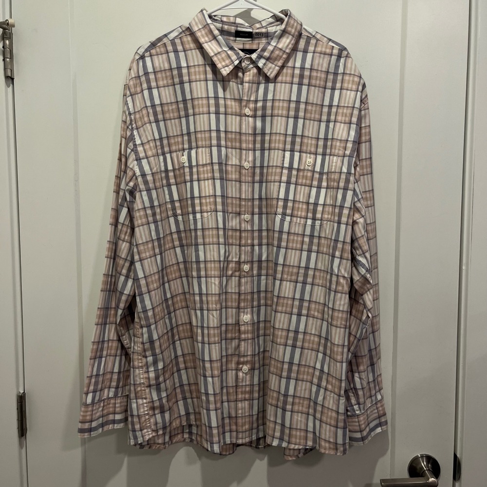 Even Tide Mens XXL Plaid Button Down Shirt Tan Blue Long Sleeve Regular Fit 0013